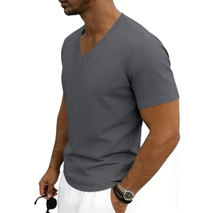 Detail of slim-fit dark grey V-neck T-shirt in breathable fabric on male model