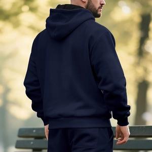 Navy blue men's fleece hoodie and pants set featuring thick cotton blend fabric and rib cuffs