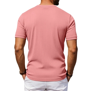 Detail view of men's dusty pink ribbed Henley shirt showing texture and slim fit from back