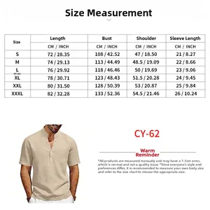 Detailed size measurement chart for men's linen henley shirt in centimeters and inches
