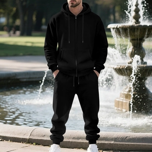 Detail of men's heavy fleece zip-up hoodie set with drawstring and ribbed cuffs