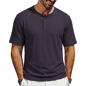 Detail of dark purple ribbed knit fabric and three-button neckline on a men's Henley shirt