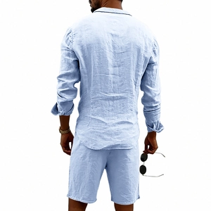 Rear view of men's light blue linen shirt and shorts set with dark collar trim
