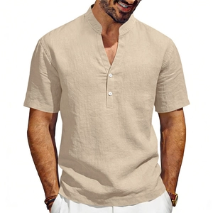 Detailed view of casual men's linen Henley shirt with stand collar and two-button placket