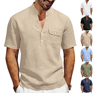 Men's linen V-neck Henley shirt with chest pocket shown in multiple natural colors