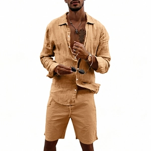 Close-up of camel linen blend long sleeve shirt and drawstring shorts for men