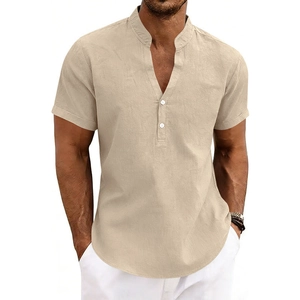 Detail of men's beige linen Henley shirt featuring stand collar and two-button V-neckline