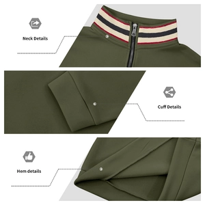 Dettagli del colletto a righe con zip, dei polsini e dell'orlo della felpa con cappuccio verde