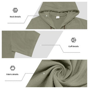Detail view of sage green linen hoodie neck, stitched cuffs and textured fabric