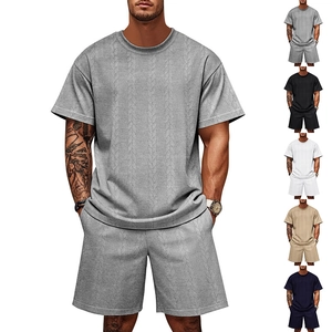Men Casual Two Piece Summer Set Textured Cable Knit Jacquard Short Sleeve Crew Neck T-Shirt And Drawstring Shorts Outfit