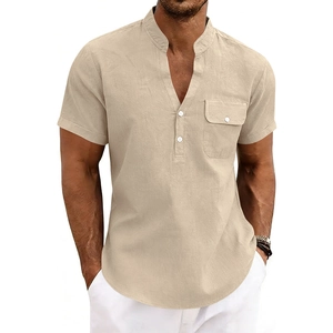 Detail of light beige men's linen Henley shirt with buttoned pocket and texture