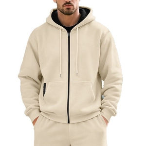 Men's casual beige hooded fleece tracksuit set with full zipper and drawstring