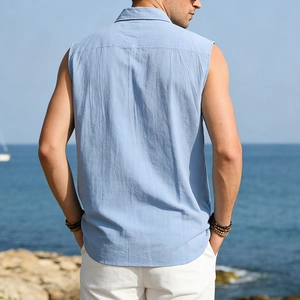 Rear view of a light blue sleeveless linen shirt for men featuring a classic collar and yoke