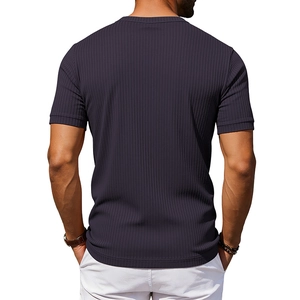 Close-up of the charcoal grey ribbed fabric texture on a slim fit men's Henley shirt