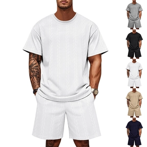 Men's summer knit jacquard outfit set featuring a crew neck tee and matching shorts