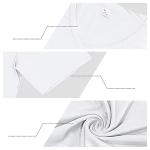 Detail of white V-neck T-shirt showing collar stitching and 100% polyester fabric texture