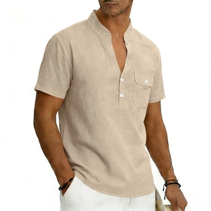 Detailed close-up of a men's linen V-neck shirt with buttoned collar and chest pocket