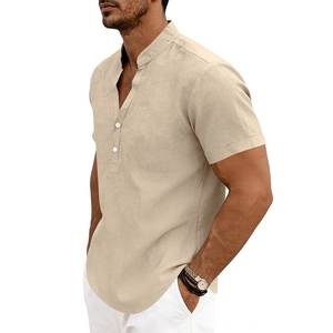 Detail of khaki linen henley shirt showing mandarin collar, buttons and curved hemline