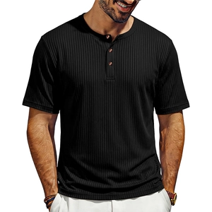 Close-up of black ribbed knit Henley shirt with three wood-style buttons for men