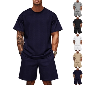 Men's summer casual 2-piece set featuring cable knit short sleeve tee and shorts in navy blue