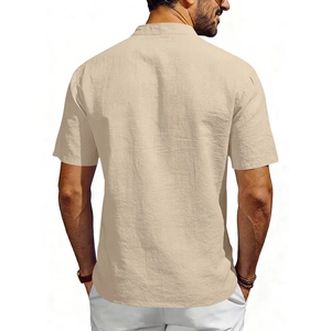 Detail of men's beige linen henley shirt showing the relaxed back fit and textured fabric