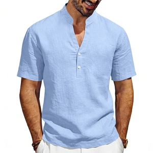 Men's sky blue linen Henley shirt with short sleeves and mandarin collar for summer style