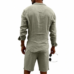 Back view of men's linen two-piece set featuring long sleeve shirt and matching shorts