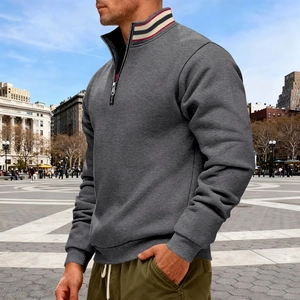 Dettaglio felpa grigia mezza zip con colletto a righe rosso, bianco e blu e zip in metallo