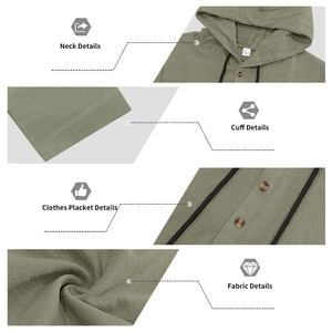 Detailed views of olive green linen hoodie showing hood drawstrings and wood buttons