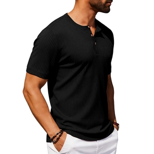 Detail of black ribbed Henley shirt with three-button neckline on a male model