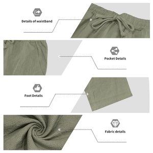 Detail view of linen blend pants featuring elastic drawstring waist and side pockets