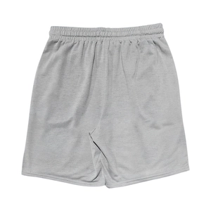 Detail view of heather grey casual shorts featuring elastic waistband and cotton texture
