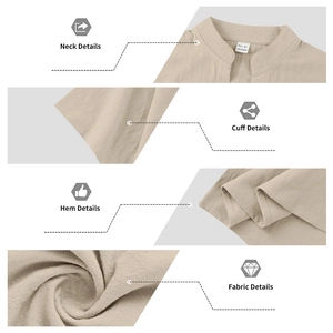Detalles del cuello mao, textura de la tela y costuras de la camisa de lino color beige
