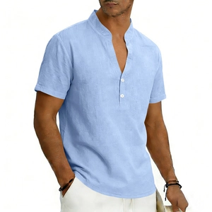Detailed view of light blue linen fabric texture and buttoned Henley neck collar