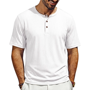 Detail shot of white ribbed Henley shirt featuring wooden buttons and elastic slim fit