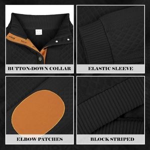 Detail des schwarzen Herren-Sweatshirts mit Henley-Kragen und braunen Ellbogenschonern