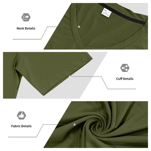 Detailed close-up of V-neck collar and stitching on olive green polyester T-shirt