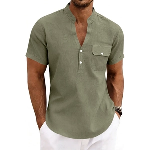 Detail view of olive green linen shirt featuring a grandad collar and buttoned chest pocket