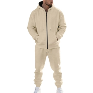 Men's minimalist beige fleece hooded zip-up sweatshirt and joggers two-piece set