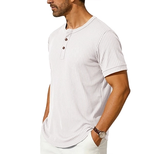 Detailed texture of white ribbed men's Henley shirt with contrasting buttons