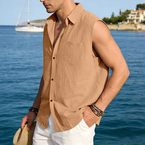 Detail of khaki sleeveless linen shirt featuring lapel collar and breathable texture