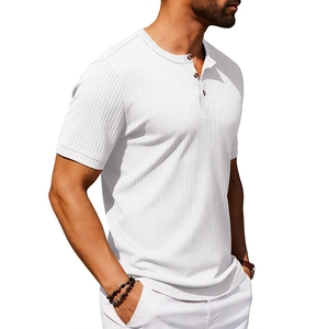 Detail view of men's white ribbed henley shirt with three-button placket and texture