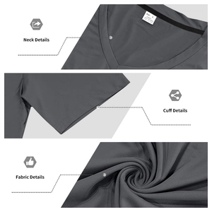 Detail view of V-neckline, cuff stitching and 100% polyester fabric texture for men's T-shirt