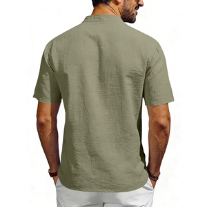 Rear view detail of olive green men's linen t-shirt with textured fabric and mao collar