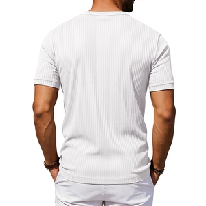 Detailed back view of white ribbed short sleeve Henley t-shirt for men in stretch fabric