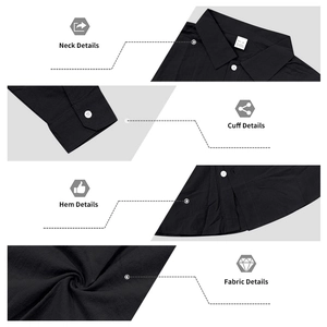 Detail view of black linen-texture shirt showing collar, cuffs, hem and fabric composition