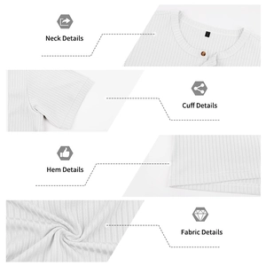 Detail shots of white ribbed cotton Henley shirt showing neckline, cuffs and fabric texture