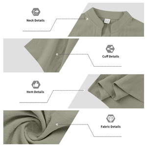 Detalles de camisa de lino verde militar mostrando cuello en V, puños y tejido textil