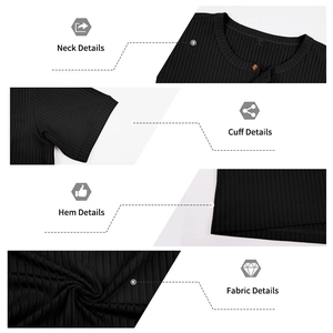 Detail view of black ribbed knit shirt showing neck, cuff, hem and fabric texture