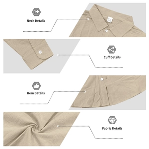 Detail view of linen shirt collar, buttoned cuffs, curved hem and fabric texture